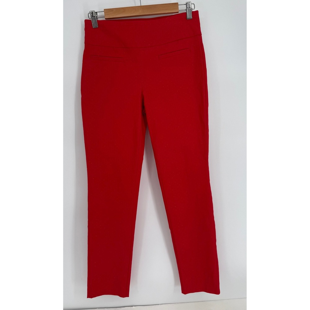 Crown & Ivy Red Gold Metallic Bow Ankle Pants Pull On Holiday Trousers Sz‎ 4P
